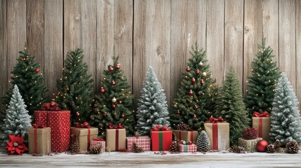 A Row of Christmas Trees and Presents