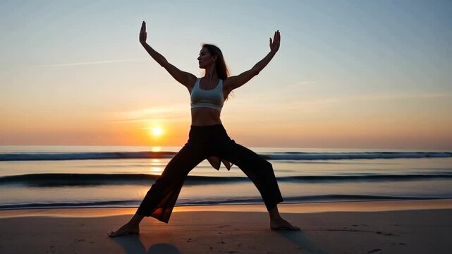 serene morning beach tai chi practice mindful movement with sunrise background for inner peace , balance
