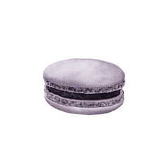 Watercolor illustration of a blueberry macaroon with rich blueberry filling surrounded by fresh blueberries and green leaves. for confectionery packaging design, food blogs, cafes, menus