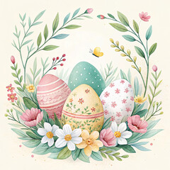 Colorful decorated Easter eggs and flowers isolated on white background in watercolor style. Happy Easter illustration concept. Easter composition with flower wreath. Design for spring greeting card 
