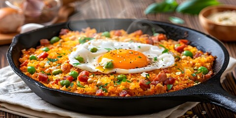 Delicious Crispy Potato and Ham Hash with a Fried Egg