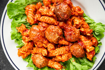 Pasta meatballs dish tomato sauce fresh tasty food dish gourmet food background on the table rustic food top view copy space