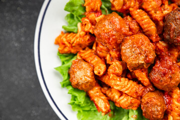 Pasta meatballs dish tomato sauce fresh tasty food dish gourmet food background on the table rustic food top view copy space