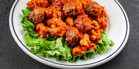 Pasta meatballs dish tomato sauce fresh tasty food dish gourmet food background on the table rustic food top view copy space