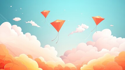 Background card design featuring flying kites and clouds for Makar Sankranti