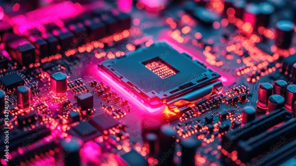 Poster close-up of a computer motherboard with cpu illuminated