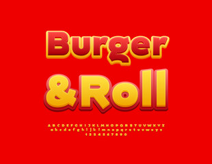 Vector Tasty poster Burger and Roll. Yellow and Red Uppercase Font. Typography Urban Alphabet Letters and Numbers set.