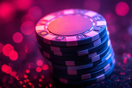 Stack of poker chips illuminated by pink and blue neon lights
