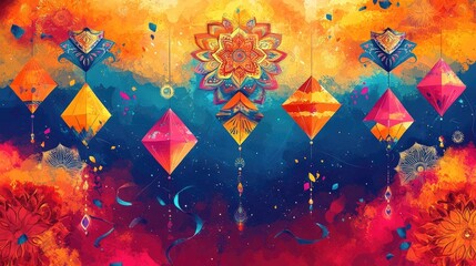 Banner poster design with vibrant kites and mandala patterns for Makar Sankranti celebration