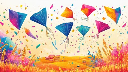 Banner with colorful kites, sweets, wheat, and festive elements for Makar Sankranti