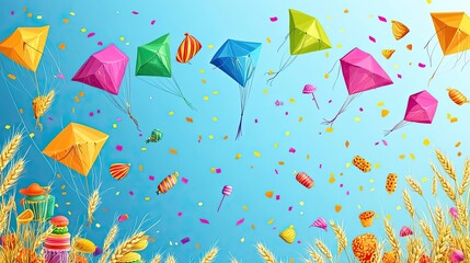 Banner with colorful kites, sweets, wheat, and festive elements for Makar Sankranti