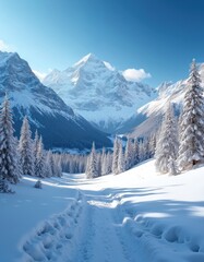Fototapeta premium Breathtaking view of snow-capped mountains, winter wonderland. Snowy path leads to forest of spruces covered with white frost. Sunny serene nature scenery on vacation, travel in Alps.
