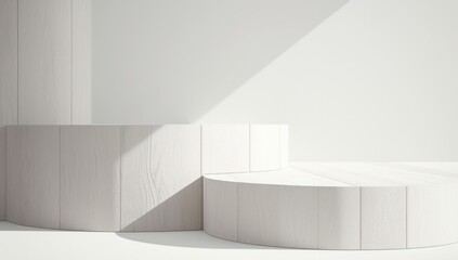 Minimalist white wooden podium display, showcasing product placement in modern interior