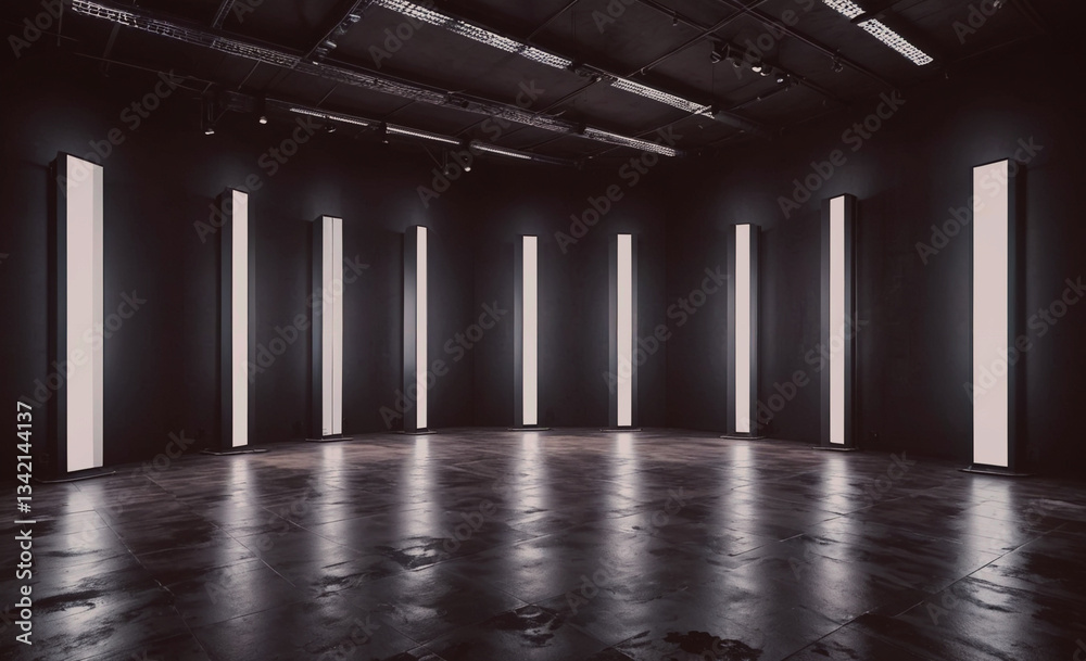 Poster large empty room with white lights on the walls. the room is very dark and empty. the lights are on 