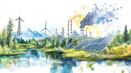 Watercolor Landscape of Energy Sources - A serene watercolor painting depicting a harmonious blend of renewable and non-renewable energy sources. Symbolizing sustainability, progress, nature