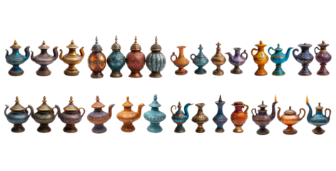 Collection of Exquisite Handcrafted Arabian Style Decor Pots and Teapots isolated with Transparent Background