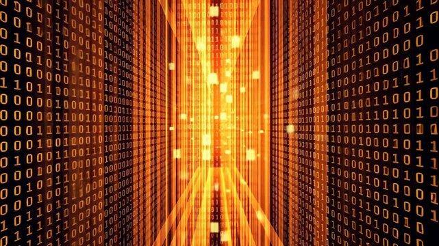 Abstract Digital Background with Glowing Orange Binary Code Stream Data Flowing Through a Dark Corridor