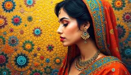 Side portrait of indian woman in sari with rich gold jewelry against vibrant textured flower pattern background. Beautiful hindu girl in traditional dress, ethnic earrings, necklace. Eastern culture,
