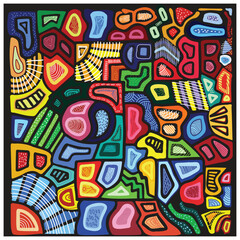 Obraz premium A vibrant abstract composition featuring colorful, geometric shapes and patterns on a black background, evoking a sense of movement and energy and give the pattern a modern and stylish feel