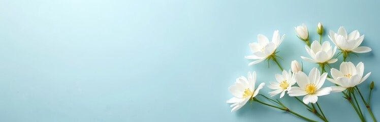 Fototapeta premium Delicate white cosmos flowers with yellow centers on light blue background. Floral spring design, perfect for greeting cards, invitations, wedding decorations, birthdays, valentine day mother day.