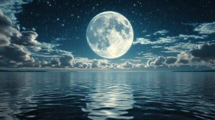 Full Moon Over Calm Ocean at Night