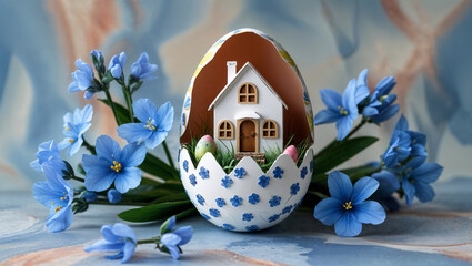 Beautifully crafted Easter egg featuring a miniature house surrounded by blue flowers, perfect for holiday decoration at home