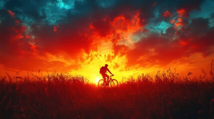 Fototapeta premium Sunset Silhouette Cyclist: Fiery Sky Adventure