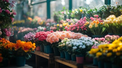 Wholesale Flower Market Blooms - Vibrant flower market, colorful blooms, fresh cut flowers, floral wholesale, blossoming beauty. Symbolizing growth, abundance, beauty, freshness, and nature