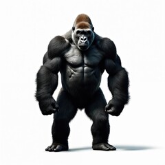 Fototapeta premium Powerful black gorilla isolated on white background. Muscular primate stands, stares seriously ahead. Wild animal illustration, mammal from Africa. Concept of raw power, strength. Design element for
