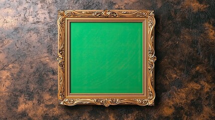 Vintage picture frame blank green screen mockup on classic wall, blank green screen ornate frame, blank green screen antique picture display for chroma key.