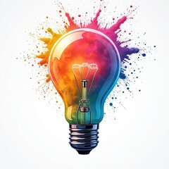 3D light bulb explodes in liquid rounded style. Splash with rainbow pride color powder isolated on transparency background. Energy, art, bulb, creative design, bright tech symbol with creativity.