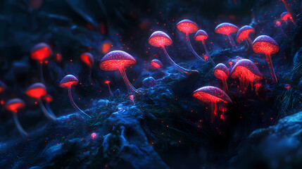 Glowing fungal spores. Fungal Energy. Illustration