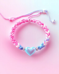 Obraz premium Pastel braided bracelet with heart-shaped charm on pink background