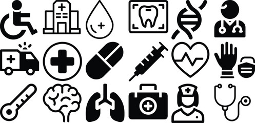 Obraz premium Medical Icon Set - Healthcare, Hospital, and Pharmacy Symbols Vector