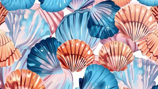 Video with sea shells in bright colors, suitable for design and decoration of summer and nautical themes.
