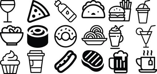 Food and Drink Icon Set – Restaurant, Fast Food, and Beverage Vector