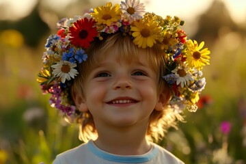 Happy caucasian toddler boy with blond hair wearing multi-colored flower crown on his head. Happy sunny days holidays visual idea. Golden hour in sunset. Child in nature with blossoms.