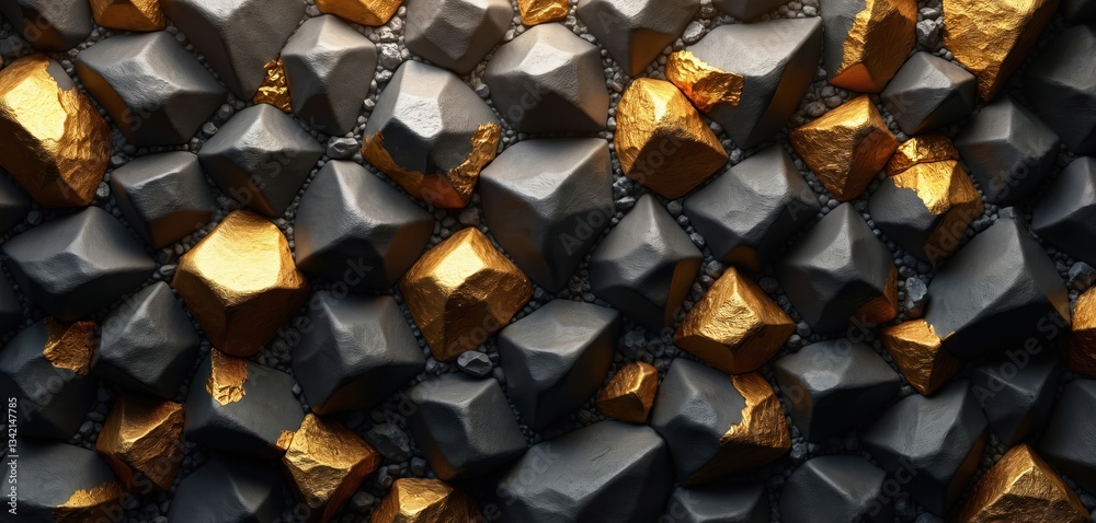 Poster seamless texture with golden stones and pebbles. rock wall pattern. metallic gold nuggets in grey ro
