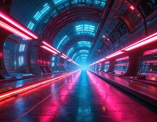 Perspective view of vibrant high-tech subterranean tunnel, illuminated by neon lights. Futuristic transportation interior. Electric glow, vibrant colors, innovative design, artificial light, modern