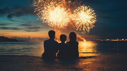 Family sitting on a beach at night enjoying New Yeara??s fireworks