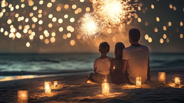 Family sitting on a beach at night enjoying New Yeara??s fireworks