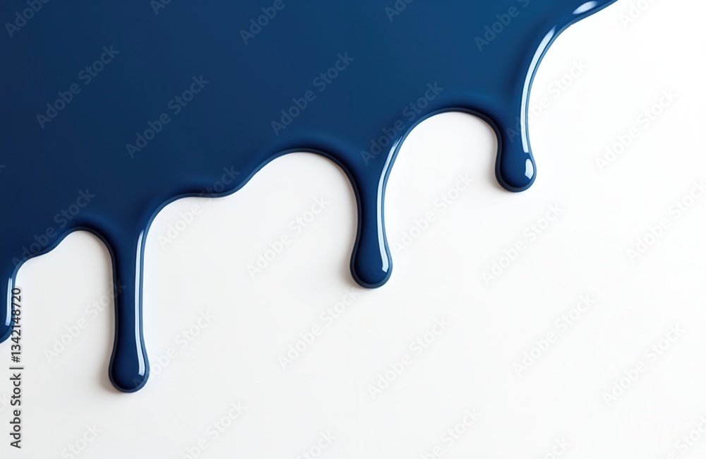 Poster Navy blue liquid paint drips flow on isolated white background. Abstract sapphire backdrop with fluid art pattern. Dark ink splash, leaking, dripping, falling with blobs. Acrylic enamel surface