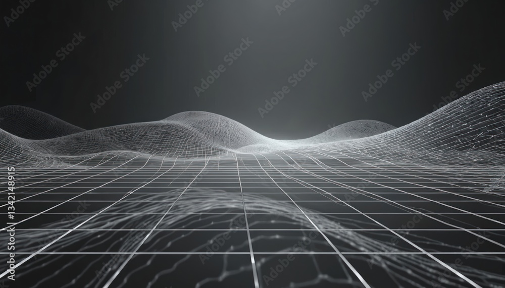 Aufkleber Abstract mesh background with perspective grid. White lines, geometric shapes on dark gradient backdrop create depth illusion. Wireframe landscape, technology network visualization, cyberspace