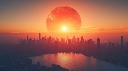 Apocalyptic Cityscape: A Giant Red Planet Dominates the Sunset Over a Modern Metropolis