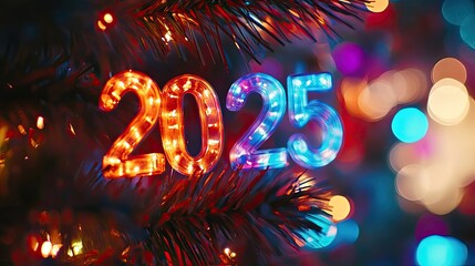 Festive greeting card with "2025" text on a blurred background for New Year's wishes