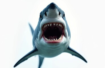 Naklejka premium Shark with open jaws full sharp teeth. Predator isolated on transparent background in underwater marine environment. Concept of horror, danger, attack, power in wildlife.