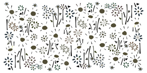 A colorful, abstract pattern of various stylized flowers, leaves, and geometric shapes against a white background,  it could be used as a wallpaper, fabric design, and curtains
