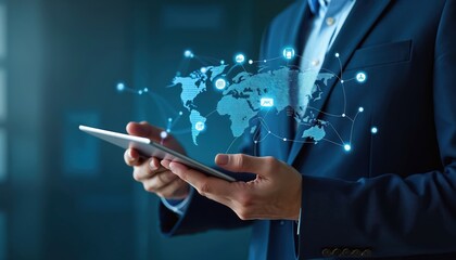 Businessman holds tablet global network, social media icons. Technology concept for online marketing, business development, data transfer, worldwide connection. Digital transformation abstract