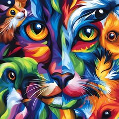 Colorful depiction of feline faces in vibrant art