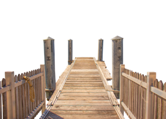 Wooden pier with metal poles and a fence, isolated on a transparent background, during the off-season